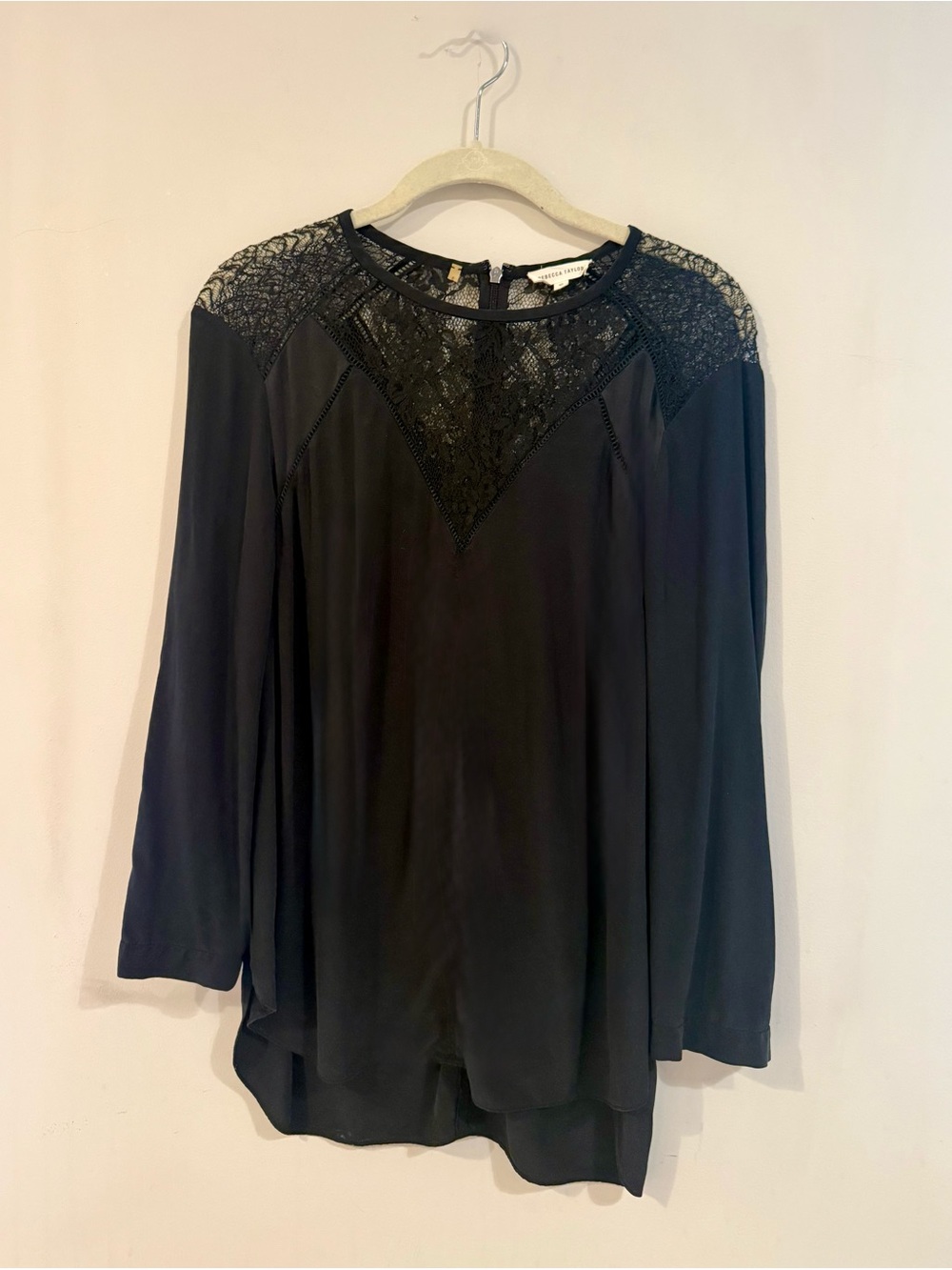 Rebecca Taylor Black Lace Blouse Long Sleeve Silk Top, Size 10
